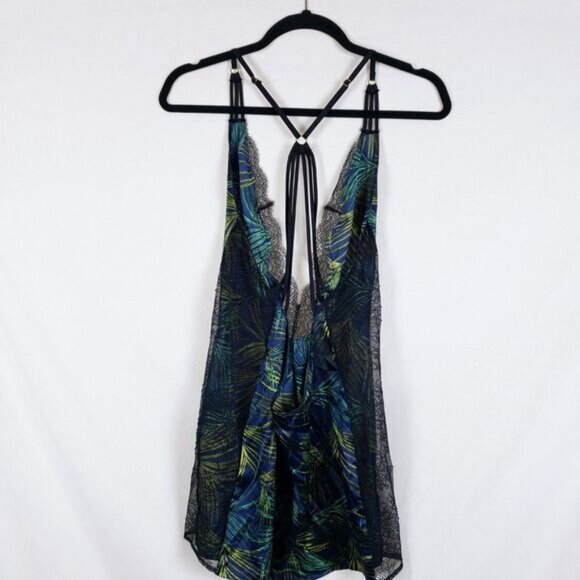 Victoria's Secret Satin Slip Dress Womens L Tropical Sheer Lace Deep V Sexy - Picture 7 of 11